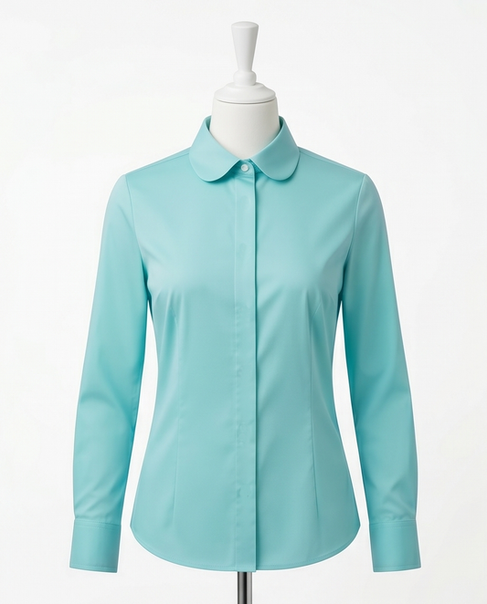Women's aqua cotton shirt by Pamoni, featuring a relaxed fit and breathable fabric, shown on a model.