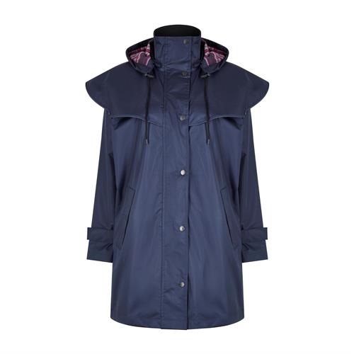 Champion ladies waterproof riding coat displayed on a hanger, showing its full length and waterproof fabric for riding in wet weather.