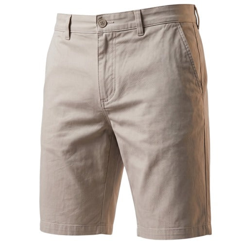 Beige men's cotton chino shorts by Ek Wholesale laid flat, showing front view and classic fit for casual summer wear.