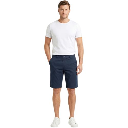 Navy men's cotton chino shorts by Ek Wholesale, casual knee-length shorts with front and back pockets, relaxed fit.