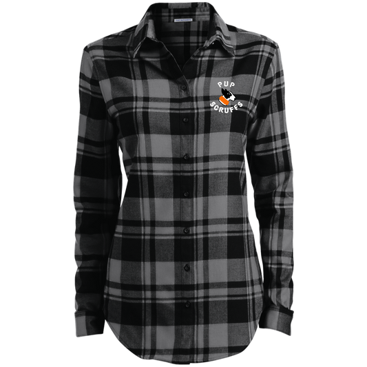 Ladies' plaid flannel tunic dress shirt from CustomCat with a stylish, casual plaid pattern and button-up design.