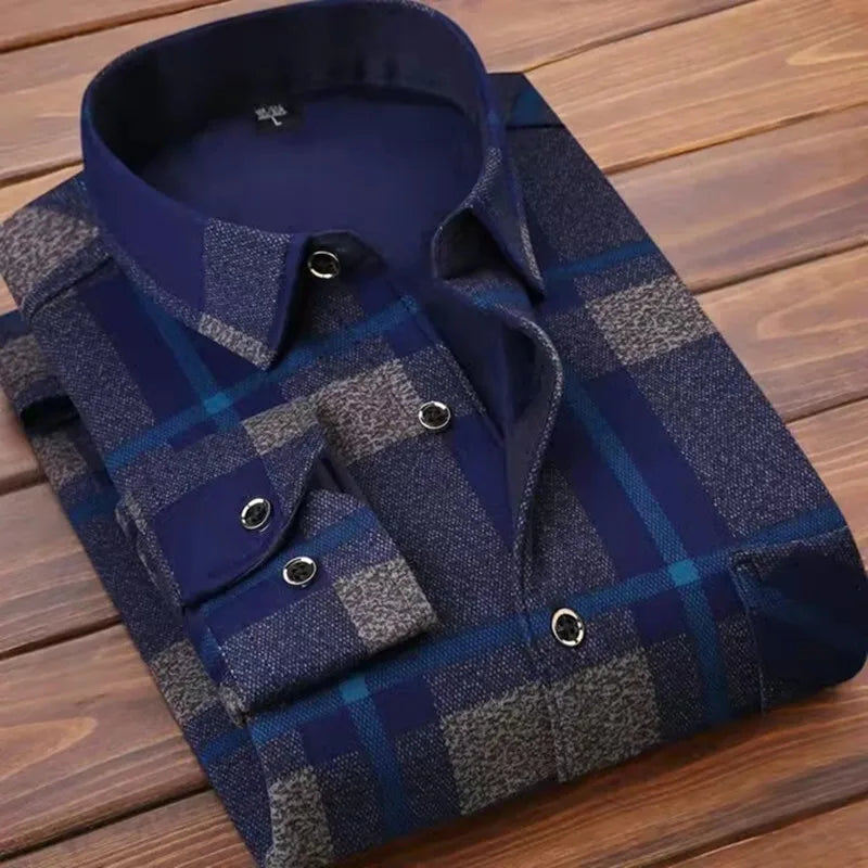Men's slim fit striped long sleeve shirt by Jelieora Venture, shown in navy and white with button-down collar.
