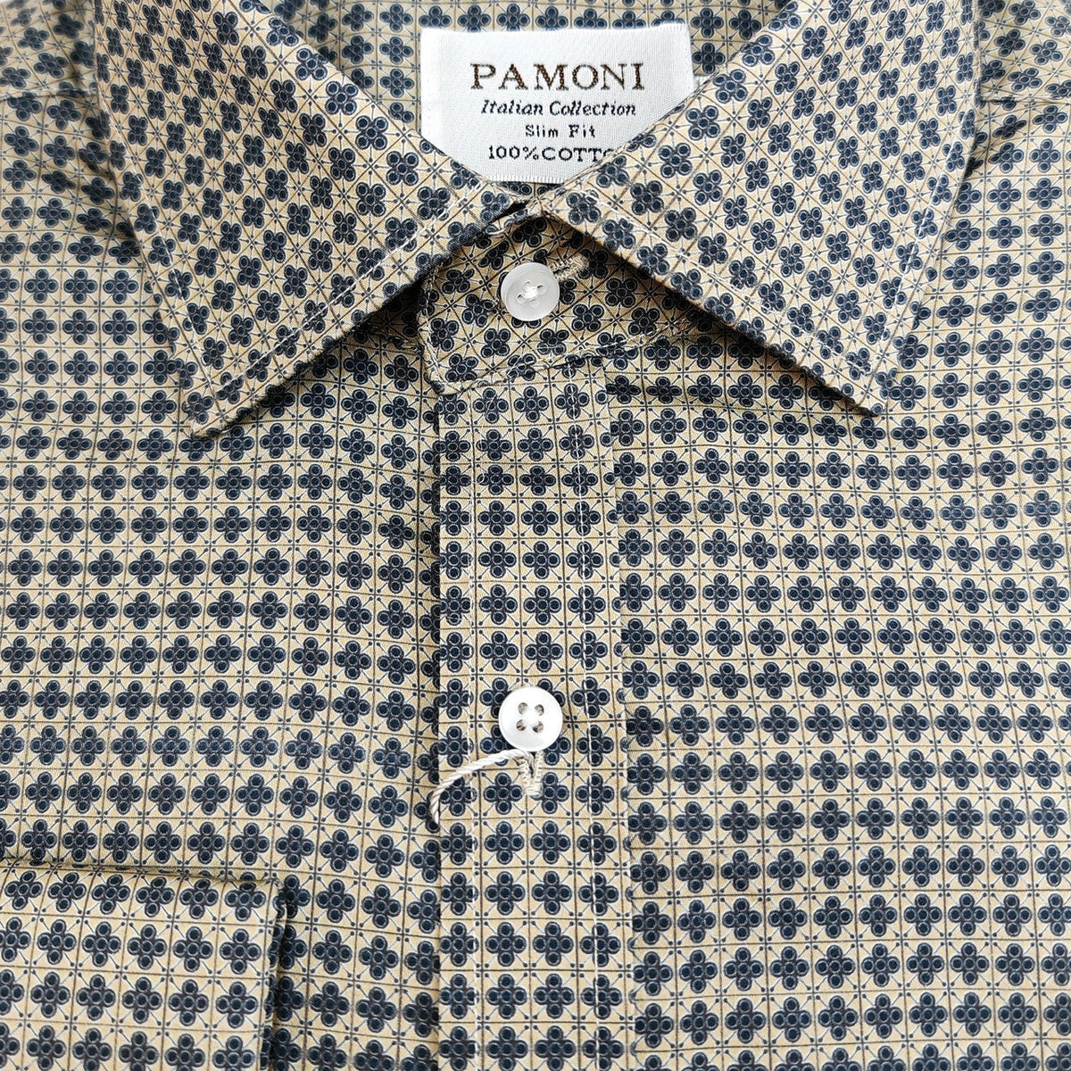Men's beige and navy slim fit shirt by PAMONI, featuring a stylish collar and button-up front on a neutral background.