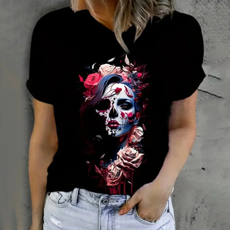 Women's skeleton print T-shirt by Jelieora Venture featuring a detailed skeleton graphic on black fabric.