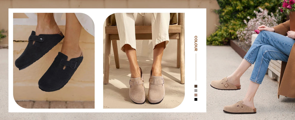 Women's suede cork footbed mule clogs by Jelieora Venture, showing stylish slip-on footwear with a comfortable cork sole.