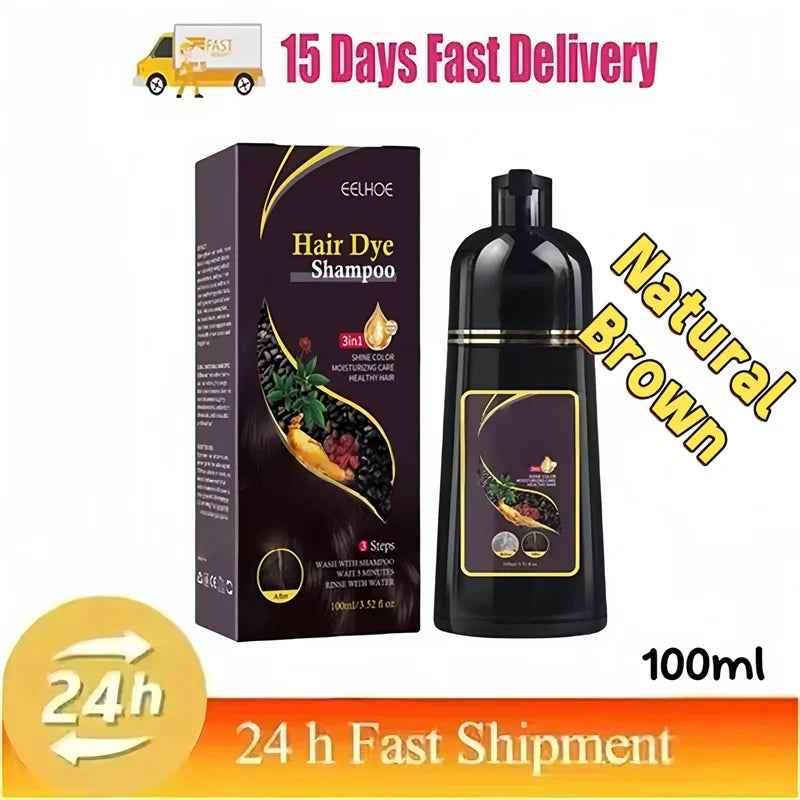 Jelieora Venture 3-in-1 darkening hair colour shampoo for hair and scalp care, showing the product bottle with dark liquid inside.