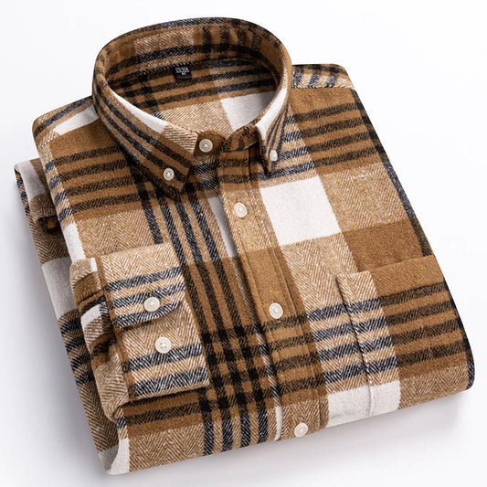 Men's herringbone plaid shirt by Jelieora Venture, 100% cotton, available in sizes up to 7XL, showing front view with collar and button details.