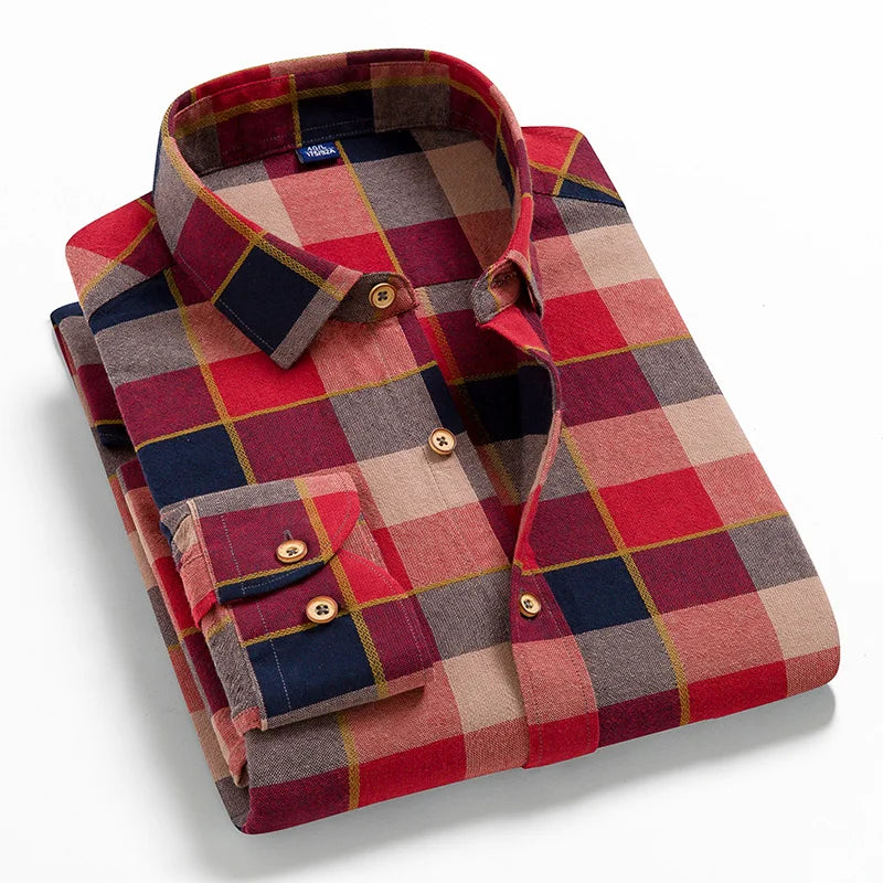 Men's long-sleeve flannel plaid shirt by Jelieora Venture, made from 100% cotton, shown in a classic red and black checkered pattern
