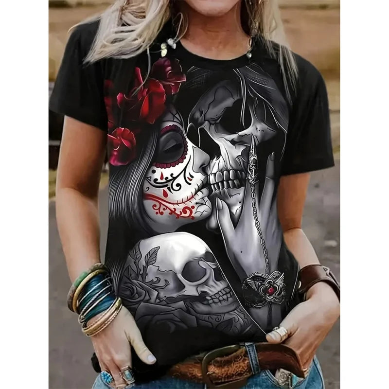 Women's skeleton print T-shirt by Jelieora Venture featuring a black shirt with a detailed skeleton graphic design.