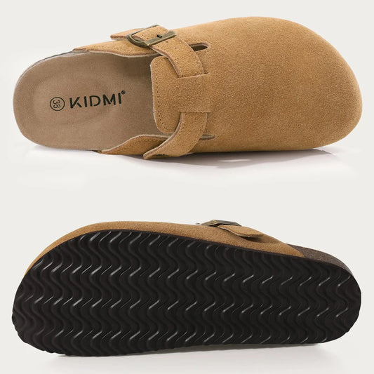 Women's suede mule clogs with cork sole and adjustable buckle by Jelieora Venture, shown from a side view.