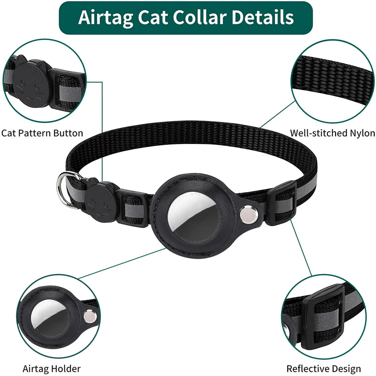 Jelieora Venture reflective nylon cat collar with bell, breakaway safety buckle, GPS tracker holder for kittens and small pets.