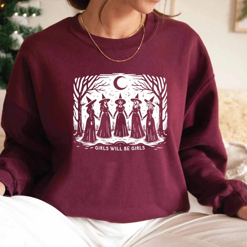 Girls Will Be Girls Witch sweatshirt by Jelieora Venture, featuring a cozy black fabric with witch-themed graphic design.