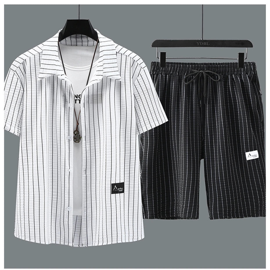 Men's plus size stripe shirt and shorts set by Jelieora Venture, summer co-ord in 4XL-11XL, featuring stylish striped design.