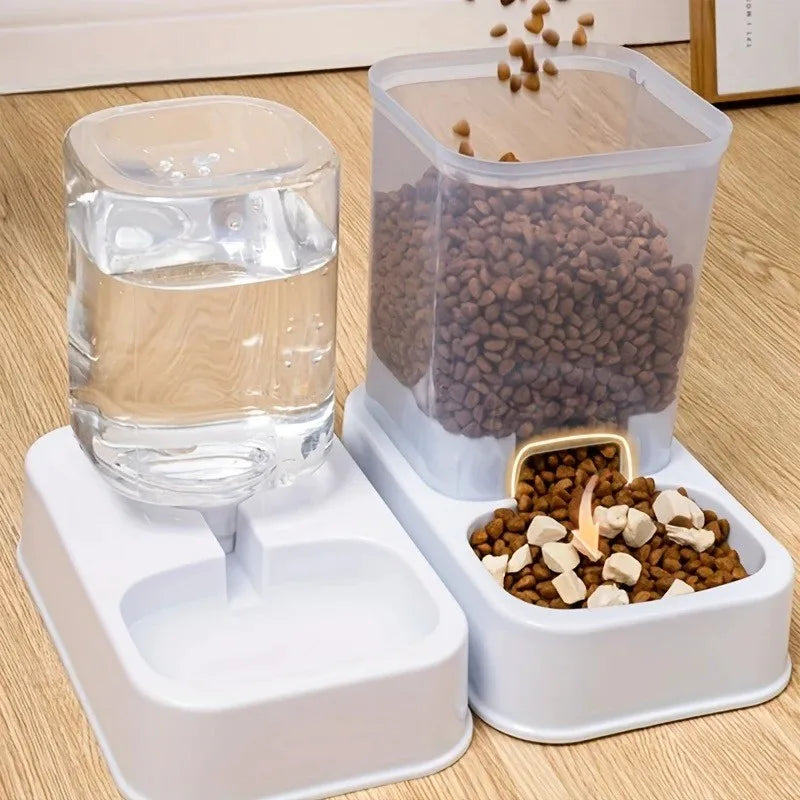 Automatic pet feeder with water bowl by Jelieora Venture, portion-controlled, battery-free, suitable for cats and dogs.
