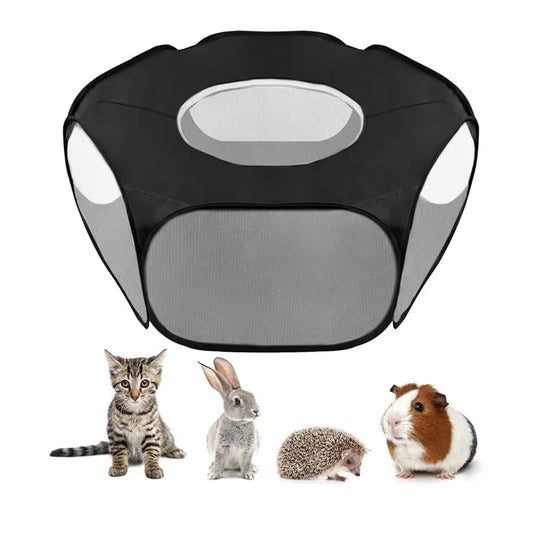Transparent foldable pet playpen by Jelieora Venture with mesh sides, suitable for puppies, cats, hamsters, rabbits, and guinea pigs.