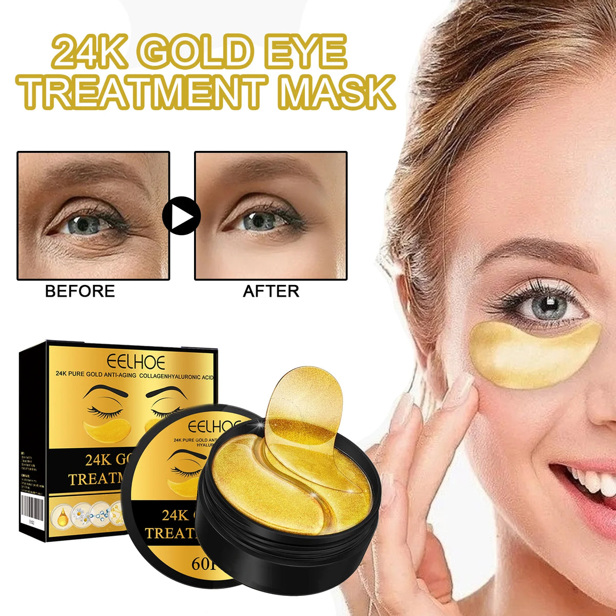 EELHOE 24k gold under eye patches by Jelieora Venture, 60 pcs, collagen and hyaluronic acid eye masks for anti-aging skincare.