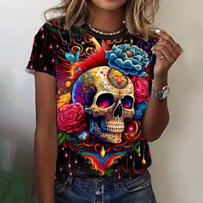 Women's skeleton print T-shirt by Jelieora Venture featuring a detailed skeleton design on soft fabric.