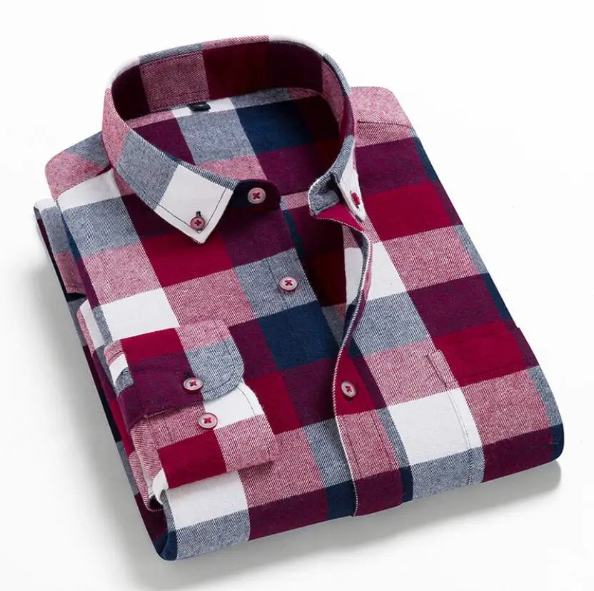 Men's 100% cotton flannel plaid shirt by Jelieora Venture, shown in a close-up of the classic checkered pattern and button details.