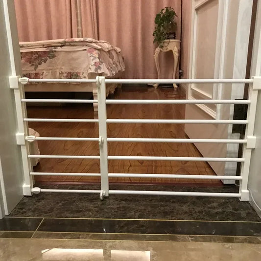Jelieora Venture retractable pet safety gate in beige, mounted on doorway with mesh fabric and adjustable width for pet containment