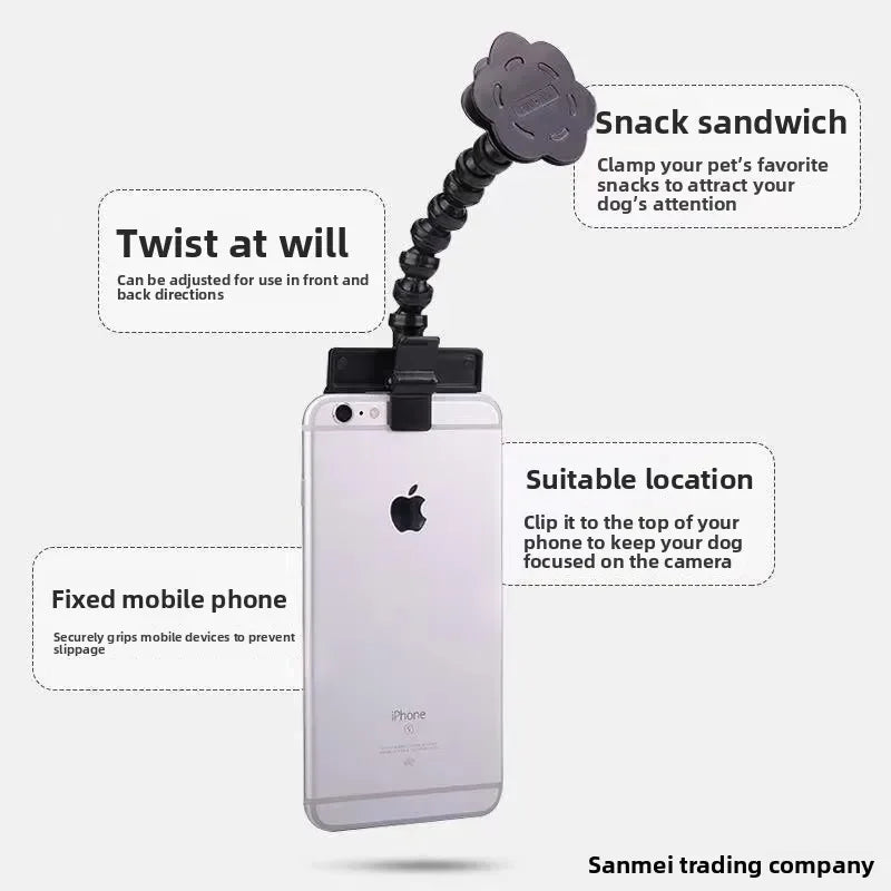 Jelieora Venture pet selfie clip with phone holder, capturing cats and dogs looking at the camera for pet photography.