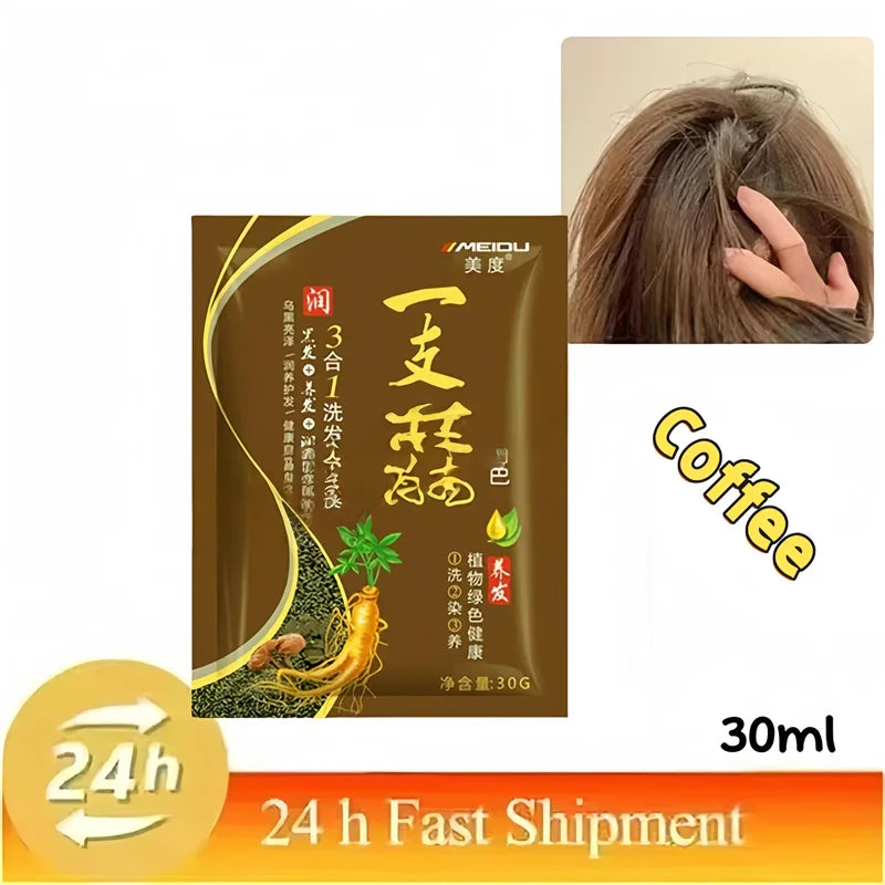 Jelieora Venture 3-in-1 darkening hair colour shampoo for hair and scalp care, showing the shampoo bottle with dark liquid inside.