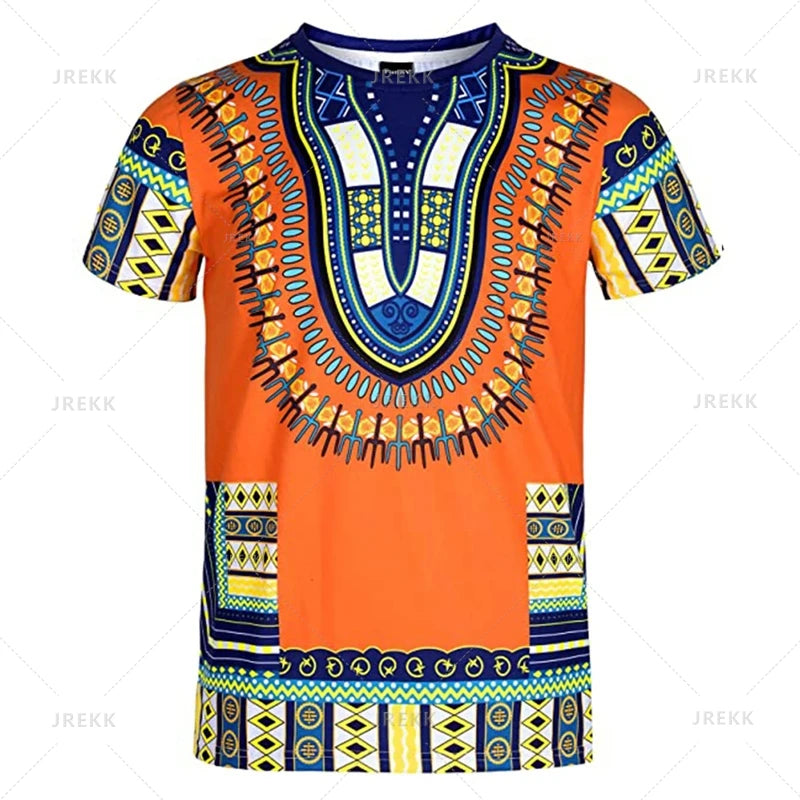Men's African print T-shirt by Jelieora Venture featuring vibrant traditional patterns and bold colors.