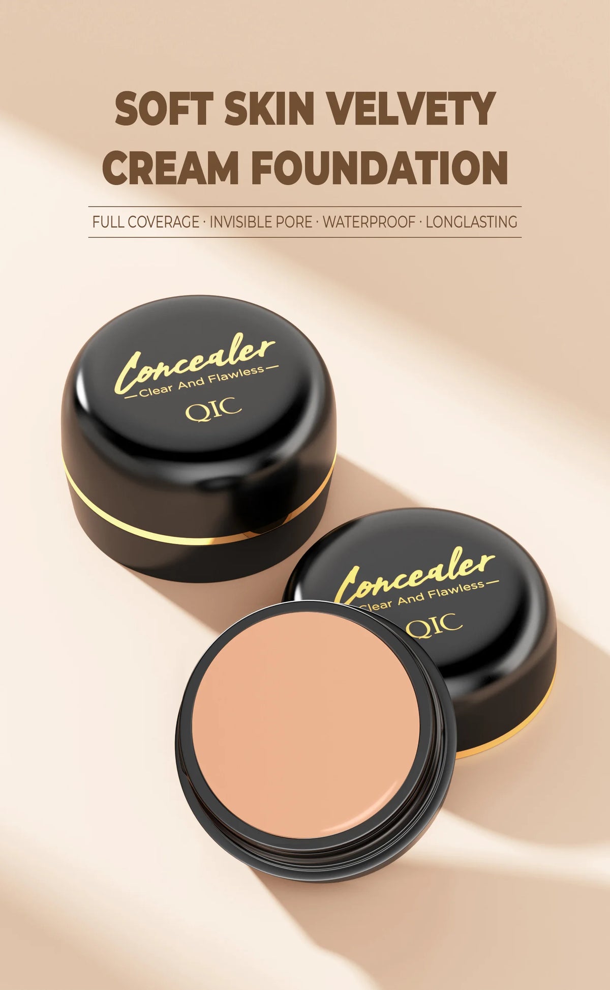 Jelieora Venture full coverage concealer and contour cream in a sleek makeup container, designed for flawless skin coverage.