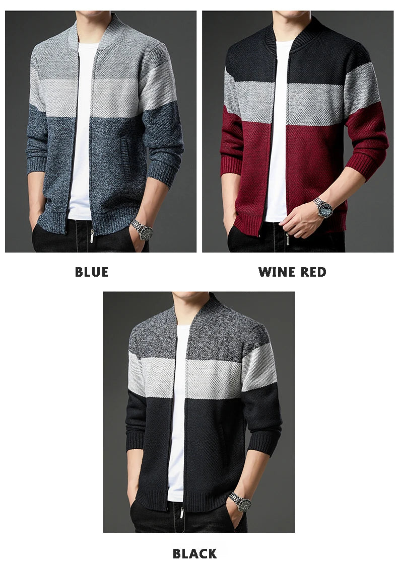 Men's knitted cardigan jumper by Jelieora Venture, featuring a cozy, textured knit design in neutral tones.