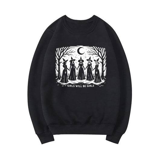 Girls Will Be Girls Witch Sweatshirt by Jelieora Venture featuring a cozy black sweatshirt with witch-themed graphics and lettering.