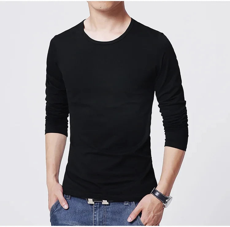 Men's long sleeve slim fit T-shirt by Jelieora Venture, shown in dark color, with a close-up of the fitted design and fabric texture.