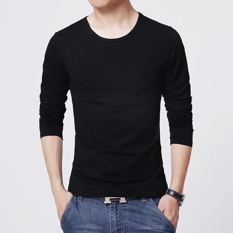 Men's slim fit long sleeve T-shirt by Jelieora Venture in a solid color, shown on a hanger against a plain background.