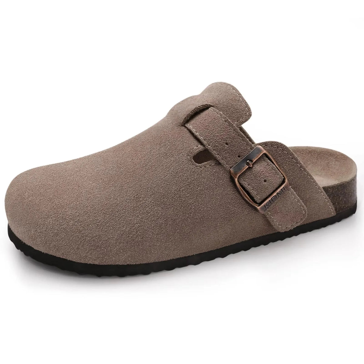 Women's suede mule clogs with cork soles and adjustable buckle by Jelieora Venture, showcasing comfortable footwear design.