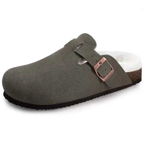 Women's suede mule clogs with cork soles and adjustable buckle by Jelieora Venture, showcasing stylish footwear with a comfortable design.