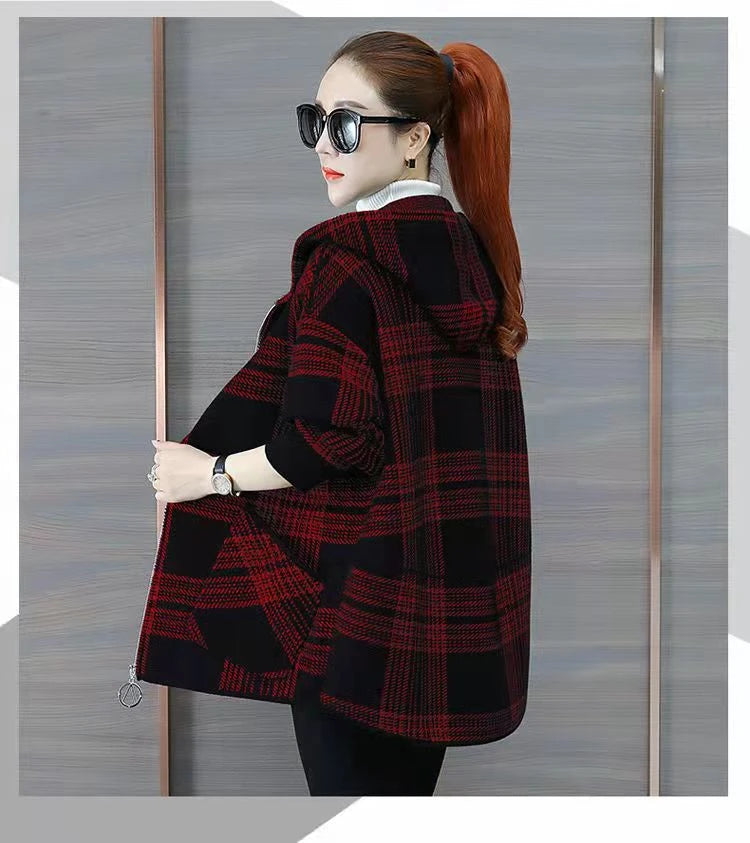 Plus size women's plaid fleece-lined coat by Jelieora Venture, featuring a cozy plaid pattern and warm fleece interior.