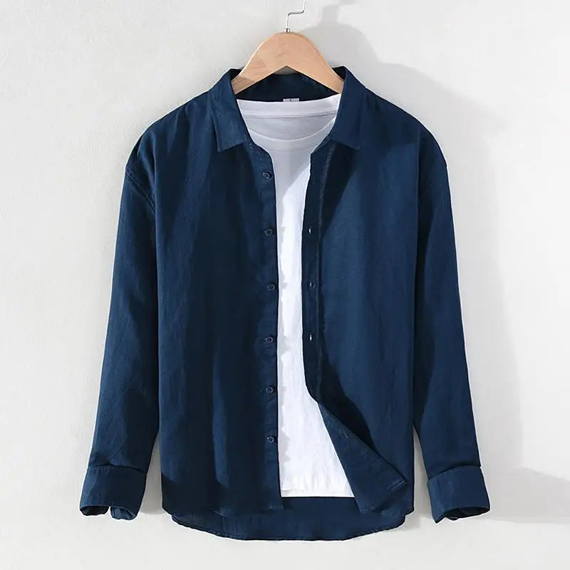 Men's linen long sleeve shirt by Jelieora Venture, light and breathable fabric, shown in a relaxed fit with a classic collar.