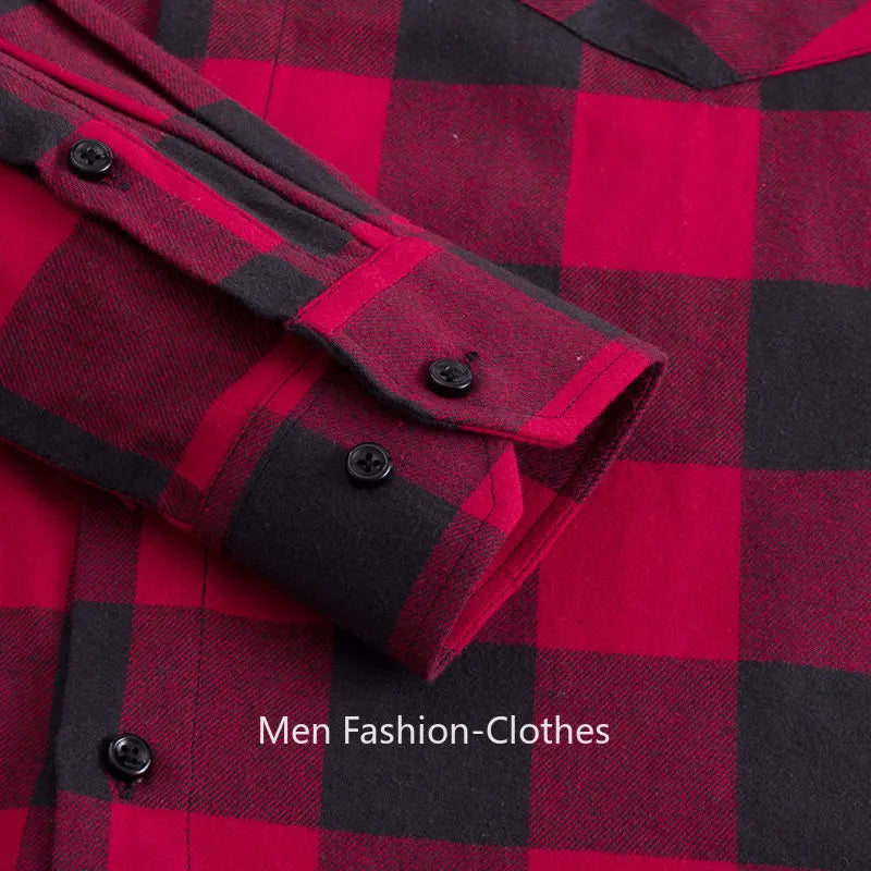 Men's 100% cotton flannel plaid shirt by Jelieora Venture, featuring a classic red and black checkered pattern, long sleeves.