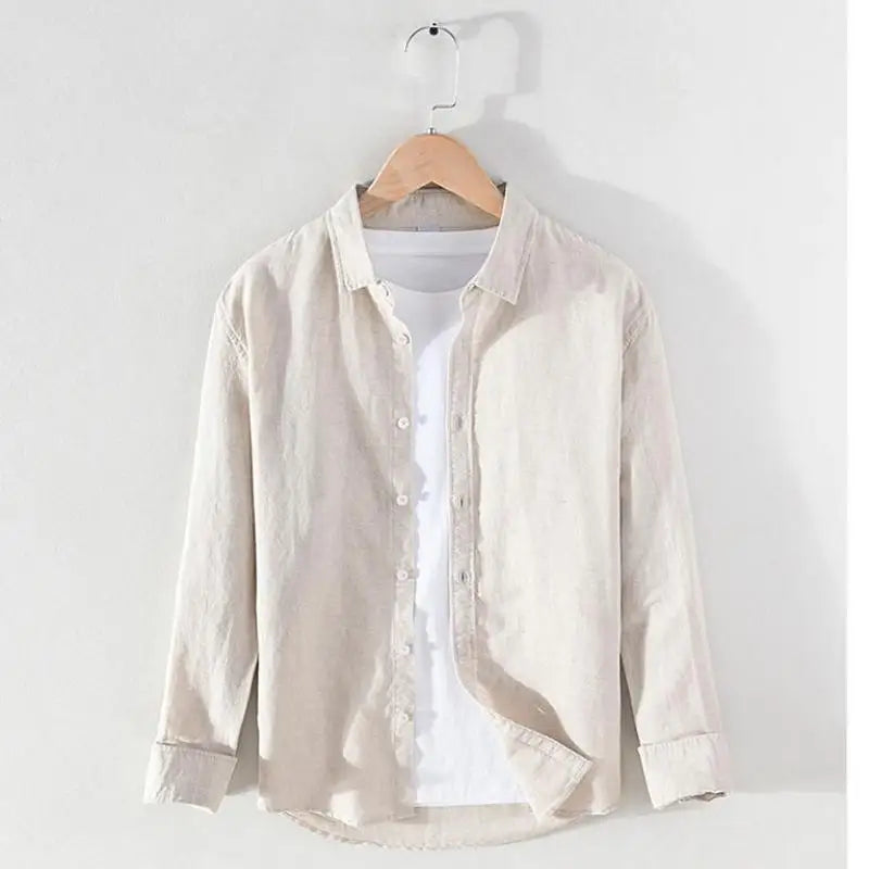 Men's linen long sleeve shirt by Jelieora Venture featuring a lightweight, breathable fabric in a relaxed fit.