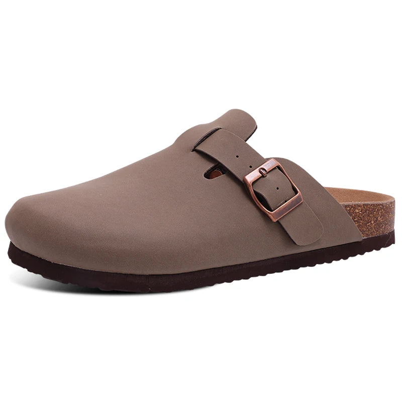 Women's cork sole suede mule clogs with adjustable buckle by Jelieora Venture, featuring a stylish and comfortable footwear design.