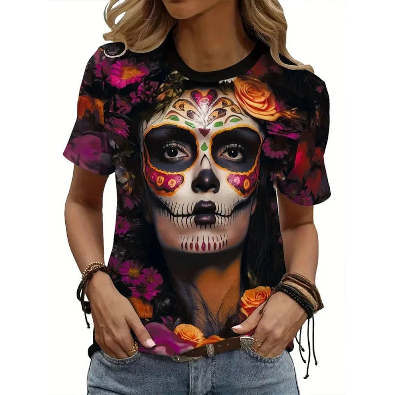 Women's skeleton print T-shirt by Jelieora Venture featuring a detailed skeleton graphic on soft fabric.