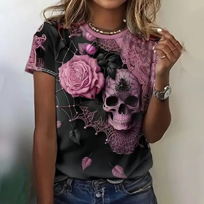 Women's skeleton print T-shirt by Jelieora Venture featuring a detailed skeletal design on a black cotton shirt.