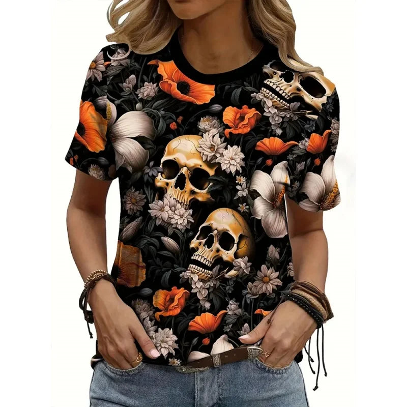 Women's skeleton print t-shirt by Jelieora Venture featuring a detailed skeletal graphic on black fabric.