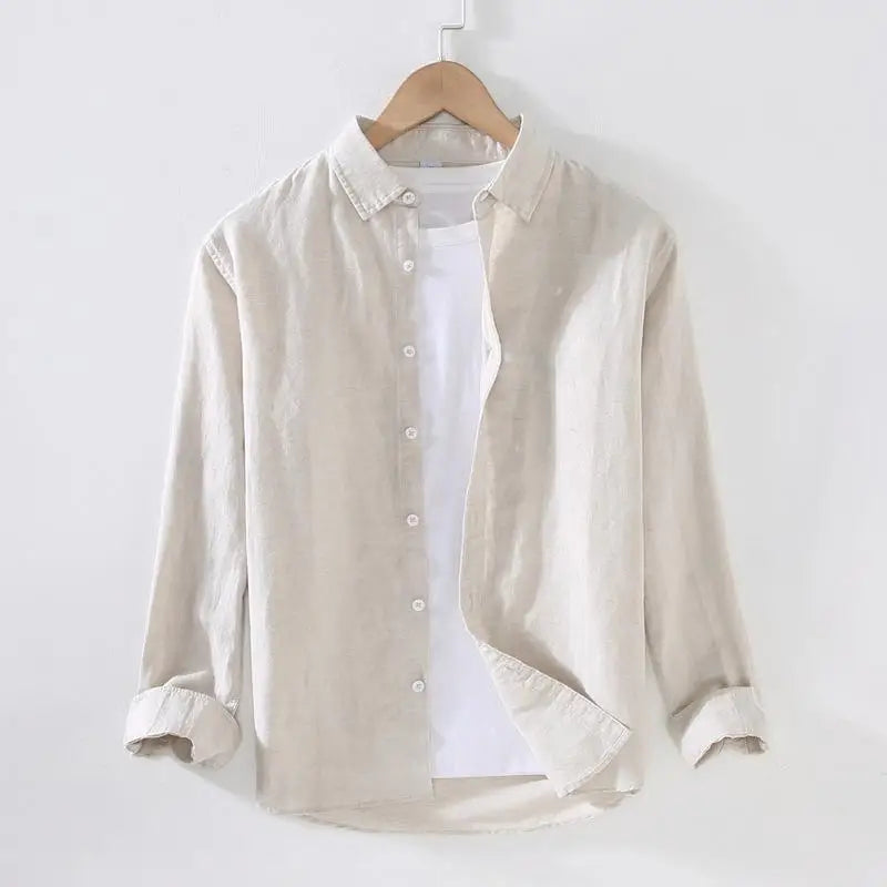 Men's linen long sleeve shirt by Jelieora Venture, featuring a lightweight, breathable fabric in a relaxed fit.