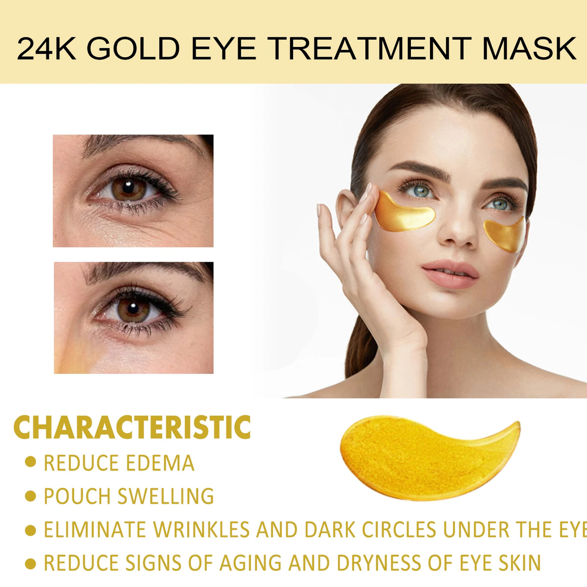 EELHOE 24k gold under eye patches by Jelieora Venture, anti-aging collagen and hyaluronic acid eye mask on a white background.