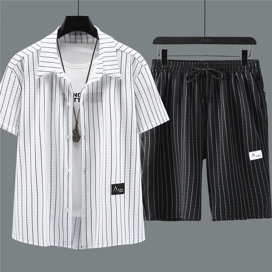 Men's plus size stripe shirt and shorts summer co-ord set by Jelieora Venture, featuring a stylish, comfortable design in 4XL to 11XL sizes.