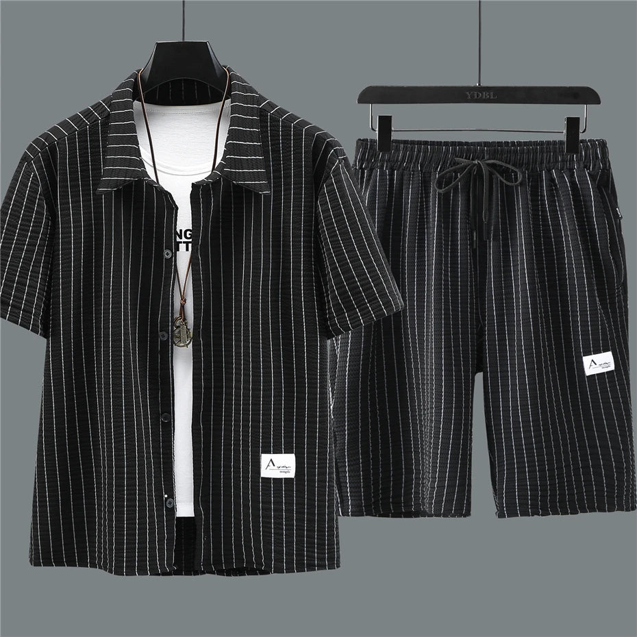 Plus size men's stripe shirt and shorts set by Jelieora Venture, perfect for summer, in vibrant striped fabric with a casual fit.
