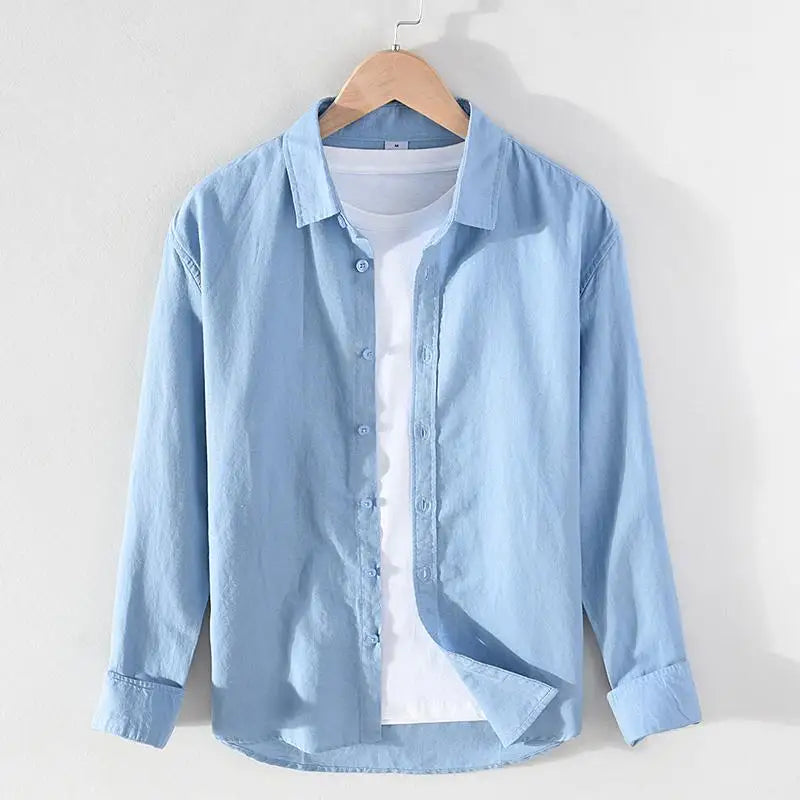 Men's linen long sleeve shirt by Jelieora Venture, beige color, lightweight fabric, button-up front, and casual fit.