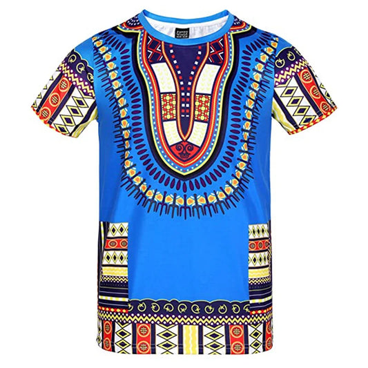Men's African print T-shirt by Jelieora Venture featuring vibrant traditional patterns and bold colors.