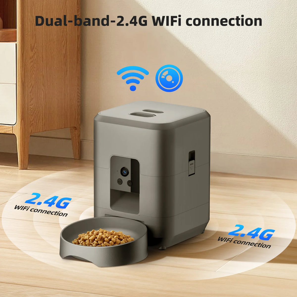 Jelieora Venture 2L automatic pet feeder for cats and dogs with Wi-Fi, camera, and remote app control, no plug included.
