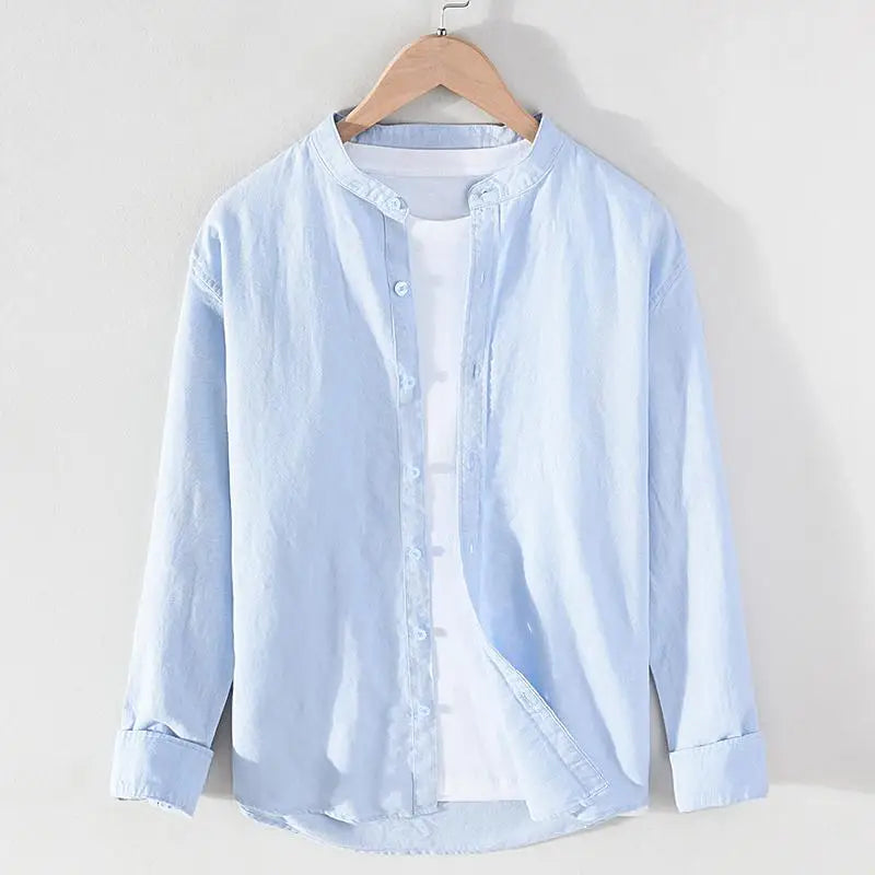 Men's linen long sleeve shirt by Jelieora Venture, shown in a light-colored, relaxed fit with button-up front and collar.