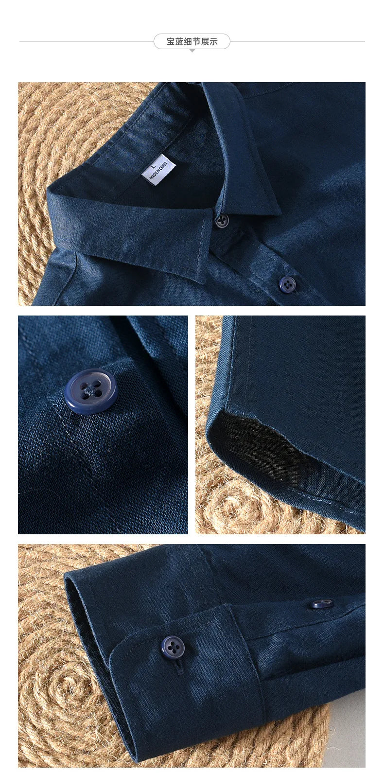 Men's linen long sleeve shirt by Jelieora Venture, shown in light beige with a button-up front and collar.